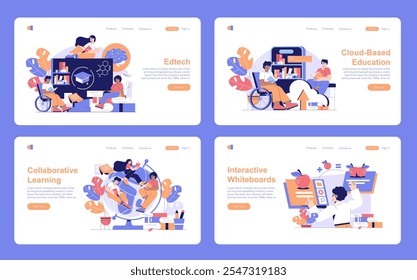 Edtech set. Innovative online education and learning platforms. Features digital libraries, interactive whiteboards, and collaborative classrooms. Vector illustration.