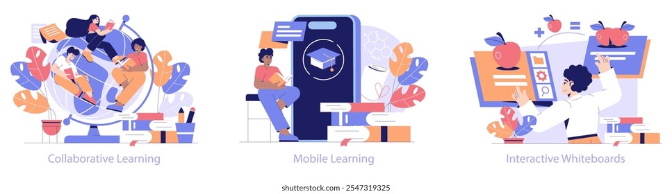 Conjunto Edtech. Educação moderna e métodos de aprendizagem. Colaboração global entre alunos, acesso móvel ao aprendizado, tecnologia interativa em sala de aula. Ilustração vetorial.