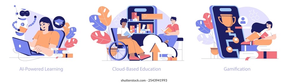 Edtech set. Modern education technology with AI learning, cloud storage access, and gamification methods. Accessible and interactive digital learning. Vector illustration.