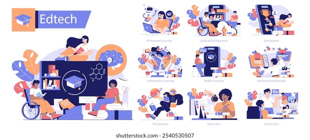 Conjunto de Edtech. Tecnología educativa moderna y métodos de aprendizaje innovadores. Diversos estudiantes que utilizan IA, RV y plataformas en línea para el estudio interactivo. Ilustración vectorial.