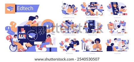Edtech set. Modern educational technology and innovative learning methods. Diverse students using AI, VR, and online platforms for interactive study. Vector illustration.