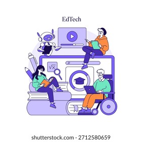 EdTech vector illustration depicting diverse individuals engaged in digital learning. Features students using technology and books, with a robot assisting in an educational setting.