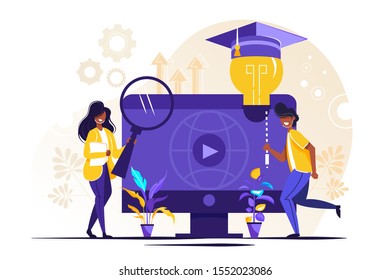 EdTech vector illustration. Flat tiny educational technology learning person concept. Symbolic visualization about study and ethical practice of facilitating improving processes, knowledge development