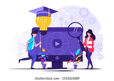 EdTech vector illustration. Flat tiny educational technology learning person concept. Symbolic visualization about study and ethical practice of facilitating improving processes, knowledge development