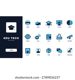 Edu tech icons set with graduation cap book online learning skill and education symbols in blue and white colors for e learning education and technology concepts