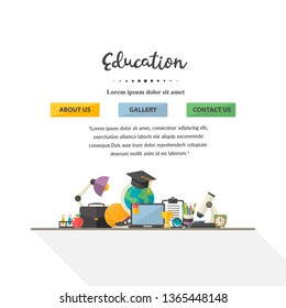 Eduation illustartion concept design one page site with laptop, briefcase, globe, lamp, microscope, basketball, cup, medal, graduate cap, cup, medal in flat style vector illustration online education