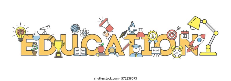 Eduation illustartion concept on white background. Word with many icons as target, lamp, medal, apple and more.