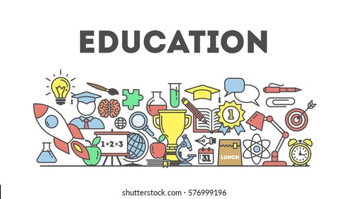 Eduation illustartion concept on white background. Word with many icons as target, lamp, medal, apple and more. White background.