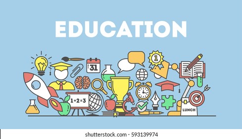 Eduation illustartion concept on white background. Word with many icons as target, lamp, medal, apple and more.