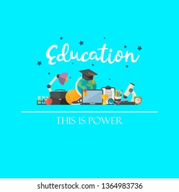 Eduation illustartion concept with text ,   in flat style vector illustration on a blue bckground 