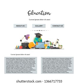 Eduation illustration concept design one page site with laptop, briefcase, globe, lamp, microscope, basketball, cup, medal, graduate cap, cup, medal in flat style online education