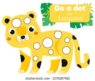 Eduational children game. Do a dot for kids and toddlers. Animals theme, cartoon leopard. Motor skills worksheet for preschool age