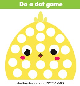 Eduational children game. Do a dot for kids and toddlers. Animals theme, cartoon chicken. Motor skills worksheet for preschool age