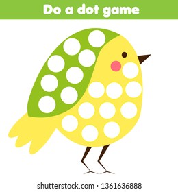 Eduational children game. Do a dot for kids and toddlers. cartoon bird. Motor skills worksheet for preschool age