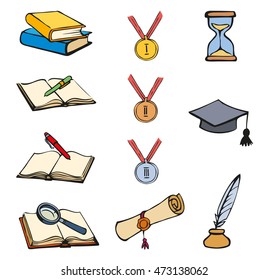 Educ alumnus simple web element logo object set collection isolated on white background. Bright color freehand ink hand drawn picture sketch in art retro scribble style pencil on paper