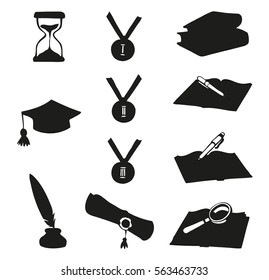 Educ alumnus simple web element logo set collection isolated on white background. Monochrome dark ink hand drawn picture in art retro engraving style