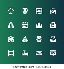 educate icon set. Collection of 16 filled educate icons included Projector, Abacus, Student, University, School, Graduation