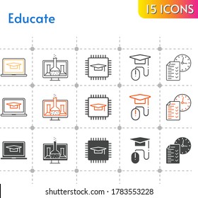 educate icon set. included chemistry, chip, student, laptop, test, e-learning icons on white background. linear, bicolor, filled styles.