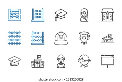 educar conjunto de iconos. Colección de educación con proyector, estudiante, escuela, mortero, graduado, gorro, abacus, graduación. Iconos editables y escalables.