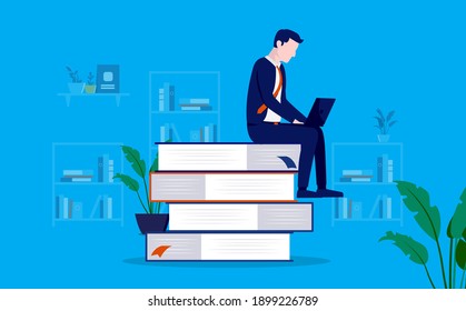 Educate yourself - Man sitting on books reading on computer. Learn new skills, personal growth, and gaining knowledge concept. Vector illustration.