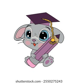 Educated cartoon rabbit with a pencil in his paws isolated on a white background. School theme. Vector illustration.