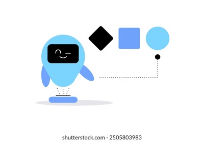 Gebildeter Roboter, der eine geometrische Figur auswählt. Flache Abbildung. Vektordatei.