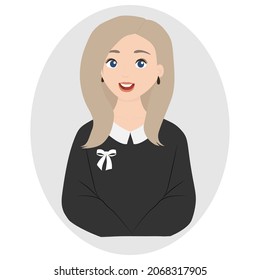 Educated smart intelligent blonde girl in a grey pullover with a white collar and a white bow. Portrait of a girl. Attractive woman. Teacher. Vector illustration