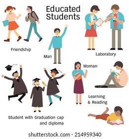 Educated students in many characters, man and woman, walking with friend, learning in laboratory, reading, and graduation cap and diploma. Simple design. 