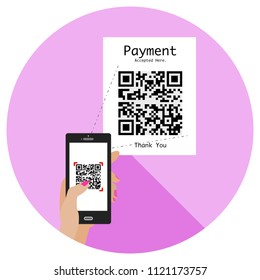 Educated, young, smart, elegant, and stylish woman uses mobile phone to read a QR code to make an online payment. Flat design. (Replace the QR code with yours).