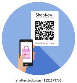 Educated, young, smart, elegant, and stylish woman uses mobile phone to read a QR code to make a purchase on an online store via Internet connection. Flat design. (Replace the QR code with yours).