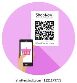 Educated, young, smart, elegant, and stylish woman uses mobile phone to read a QR code to make a purchase on an online store via Internet connection. Flat design. (Replace the QR code with yours).
