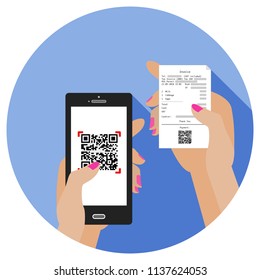 Educated, young, smart, elegant, and stylish woman uses mobile phone to scan QR code on the pay slip to make an online payment . Flat design. (Replace the QR code with yours).