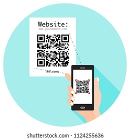 Educated, young, smart, and stylish man uses cell phone to scan QR code to visit a website via Internet connection. Flat design. (Replace the QR code with yours).