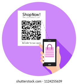 Educated, young, smart, and stylish man uses cell phone to scan QR code to make a purchase on an online store via Internet connection. Flat design. (Replace the QR code with yours).