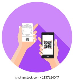 Educated, young, smart, and stylish man uses cell phone to read QR code on the pay slip to make an online payment . Flat design. (Replace the QR code with yours).