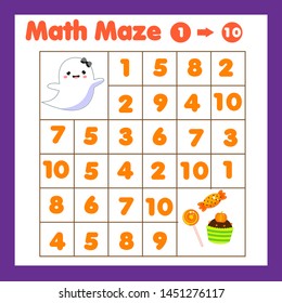 Educatiional children game. Mathematics maze. Labyrinth with numbers. Count from one to ten. Halloween theme activity for preschool toddlers and kids