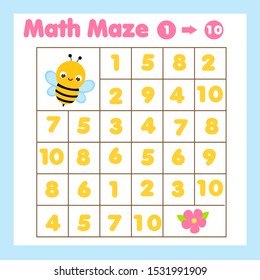 Educatiional children game. Mathematics maze. Labyrinth with numbers from one to ten. Help bee find flower. Activity for kids