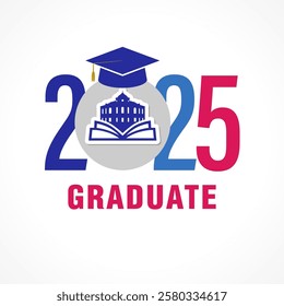 Educating awards 2025 logo design. Graduating icon with university emblem on 3D paper and blue mortarboard. Creative typographic concept. Happy Graduation Day 20 25 congrats template. Prom banner.