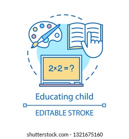 Educating child concept icon. Education idea thin line illustration. Arts, maths subjects. After school classes. Reading book. Knowledge. Learning. Vector isolated outline drawing. Editable stroke