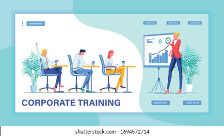 Educating Employees to Grow and Achieve Better Professional Results. Young Successful Business Lady Sharing Experience with Office Workers. Corporate Training for United Team. Vector Landing Page.