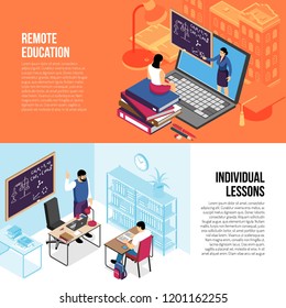 Education 2 horizontal isometric banners with individual private lessons and online college university courses isolated vector illustration 