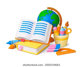 Education 3d concept. Open book, glass with stationery and globe. Realistic school tools icons, college lesson. Educational pithy vector scene