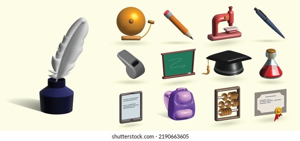 educación 3d conjunto de iconos con tintero y pluma. Elementos escolares y universitarios del microscopio, química, límite de graduación