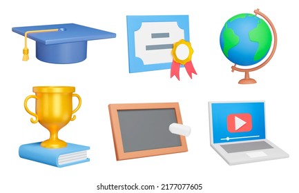 Education 3d icon set. Studying at school or university, study. Isolated icons, objects on a transparent background