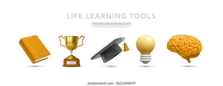 Education 3D Icons Set Featuring Book, Trophy, Cap, Lightbulb, And Brain. Ideal For Knowledge, Growth, Intelligence, And Academic Success Themes. Colorful Vector Illustration.