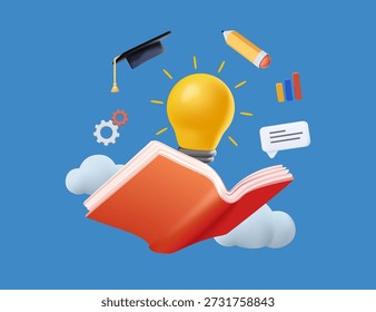 Educación Vector de ilustración 3D. Volver a la escuela, elearning, cursos en línea creativos para el Anuncio de Web, redes sociales, presentación de negocios, material de marketing. Educación a distancia, nuevos cursos de conocimiento