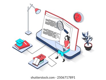 Education 3d isometric concept with isometry people design for web. Woman learning distantly using laptop, reading textbooks, making homework online and studying at university. Vector illustration.