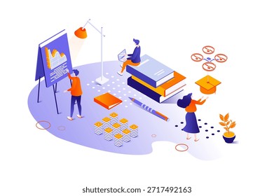 Bildung 3D isometrische Konzept mit Isometrie Menschen Design für Web. Schüler, die im Unterricht lernen, Schüler, die Bücher studieren und lesen, Präsentationen für den Unterricht machen, den Abschluss machen. Vektorgrafik.