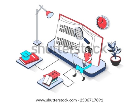 Education 3d isometric concept with isometry people design for web. Woman learning distantly using laptop, reading textbooks, making homework online and studying at university. Vector illustration.