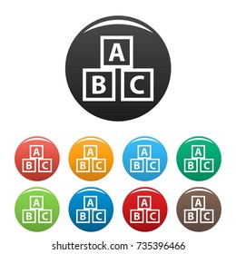 Education abc blocks icons set. Vector simple set of education abc blocks vector icons in different colors isolated on white